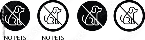 No pets icons set prohibition animal symbol with dog sign, forbidden pet rule pictogram for public places, park safety notice vector illustration design collection group