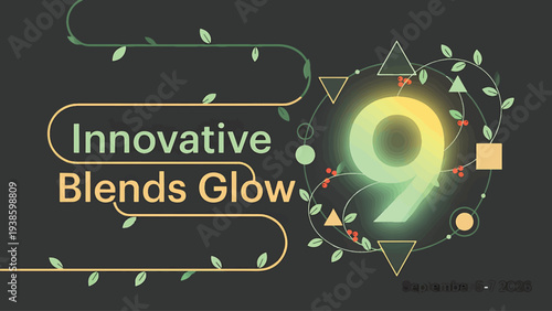 Abstract graphic design features the glowing number nine integrated with geometric shapes and trailing vine elements for an event promotion.