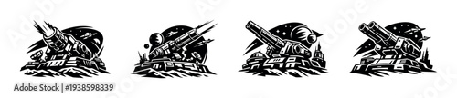 Black and white vector illustration of space cannons in futuristic landscape