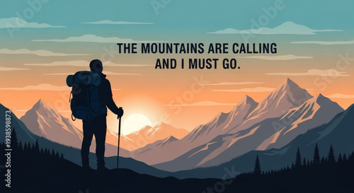 Silhouette of a hiker with backpack and trekking pole.