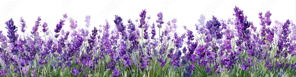 Obraz premium A vibrant row of lavender flowers with green stems against a plain white background