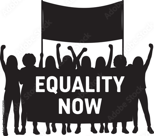 Seven women holding protest banner with equality now sign feminism