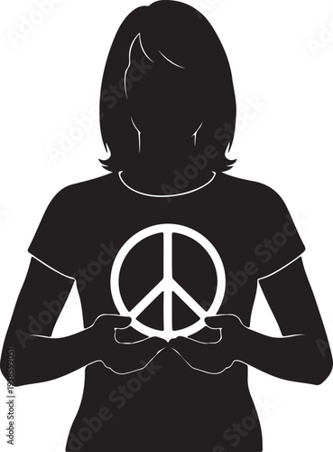 Woman holding peace symbol in front of tshirt with peace sign silhouette black and white