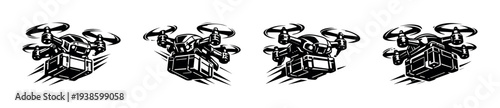 Silhouette illustration of quadcopters delivering boxes in black and white vector style