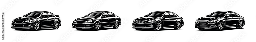 Obraz premium Set of black and white car silhouettes in vector clipart style for illustrations