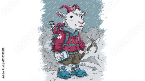 A cartoon goat dressed in hiking gear stands in a snowy landscape with an ice axe