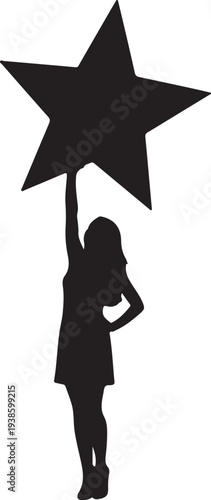 Woman holding large star symbol black silhouette white background