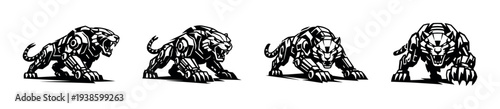 Fierce abstract tiger silhouette set in black and white vector illustration