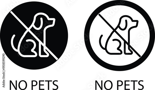 No pets icons set prohibition animal symbol with dog sign, forbidden pet rule pictogram for public places, park safety notice vector illustration design collection group