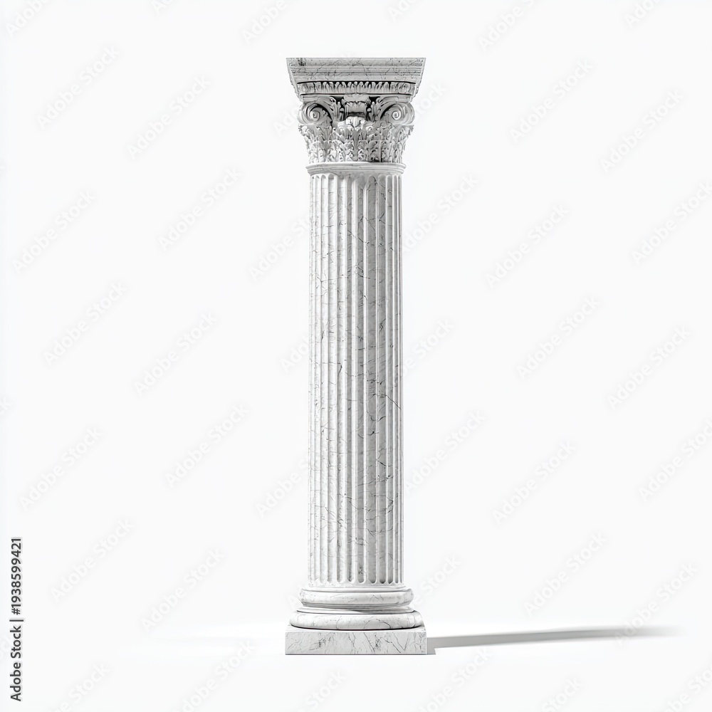 Fototapeta premium A tall, classical, fluted column stands isolated against a stark white background with shadow