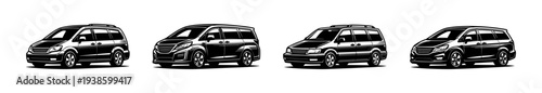 Black and white vector illustration of various minivan silhouettes in profile view