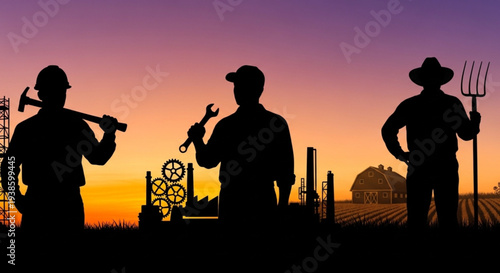 Silhouettes of three workers with tools at sunset.