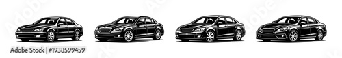 Black and white vector silhouette set of four classic sedan cars