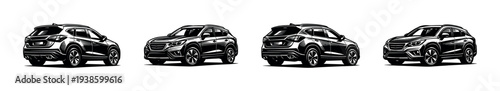 Black and white suv car silhouette vector set of four vehicles
