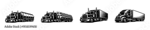 Vector art of black and white semi trucks including tanker and cargo trailers