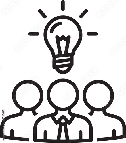 Teamwork leadership outline black line of three faceless people with a lightbulb above them