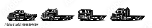 Vintage and modern truck silhouette set, black and white illustration of vehicles