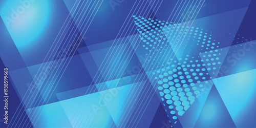 Abstract Blue Geometric Background with Gradient Light Effects, Diagonal Lines, and Halftone Dots, Modern Futuristic Digital Technology Design Template