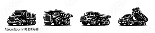 Vector set of dump trucks silhouette in black and white illustration