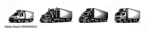 Black and white truck silhouettes vector set of cargo and delivery vehicles