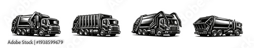 Vintage black and white garbage trucks silhouette set vector illustration