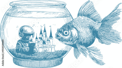 A fish gazes at a fishbowl holding an astronaut in a spacesuit, a castle, and smartphone
