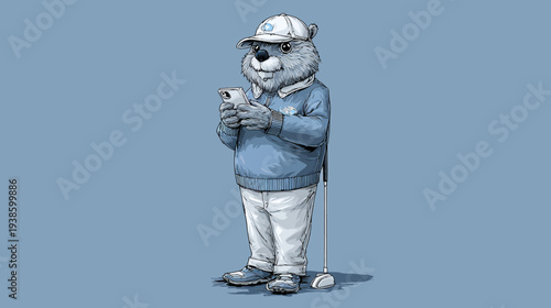 A furry character in golf attire checks their phone. Digital illustration in shades of blue and gray