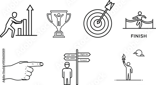 Business goals and success icons set including target trophy growth graph and direction