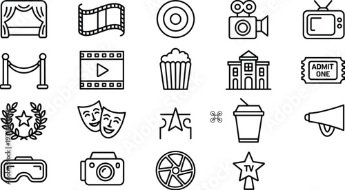Set of cinema and entertainment line icons including movie theater stage, film strip, camera, popcorn, ticket, television, and theater masks.