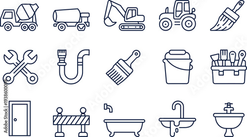 Set of construction and home renovation line icons featuring cement mixer truck, excavator, tractor, paint brushes, tools, plumbing fixtures, and bathroom sink.