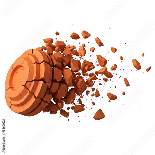 Exploding orange clay pigeon disc shattered into dynamic fragments isolated on transparent background