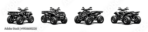 Set of four all-terrain vehicle illustrations vector style black and white clipart