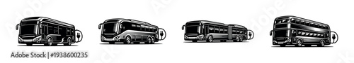 Black and white bus illustrations silhouette set with various bus designs