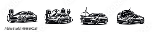 Electric cars and charging stations vector set with renewable energy elements silhouette illustration