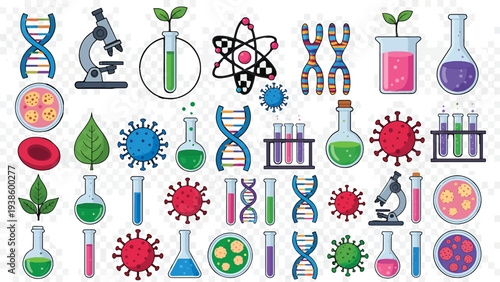 Microscopes, colorful test tubes, and DNA helices illustrate a vibrant array of scientific research and biological study elements.