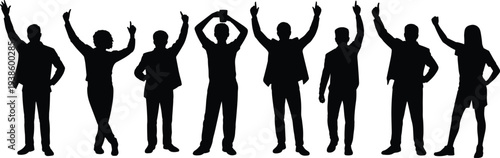 Silhouette business team standing together, corporate success concept, professional group illustration, office diversity, teamwork unity, workplace collaboration, achievement celebration