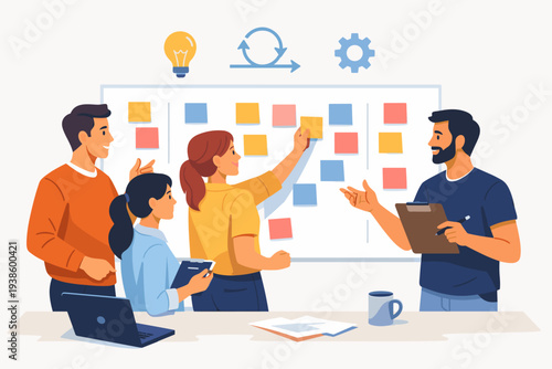 Agile Scrum Sprint Teamwork Planning and Development Meeting. Diverse Professional Team Brainstorming Ideas on Whiteboard with Sticky Notes for Project Management and Workflow Optimization.