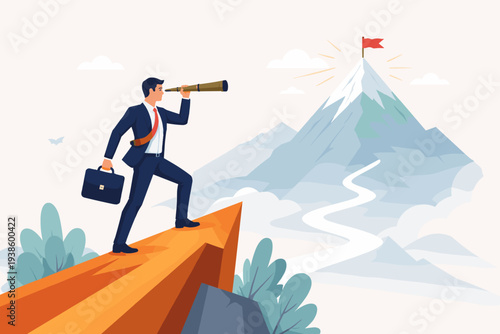 Ambitious businessman looking through telescope at mountain peak with flag, standing on arrow, representing vision, success, goal achievement, leadership, and career growth motivation concept.