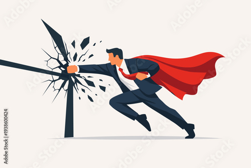 Superhero Businessman in Suit and Red Cape Punching Through a Dark Barrier and Shattering it, Concept of Business Breakthrough, Overcoming Obstacles, Success, Problem Solving, and Leadership Vector.