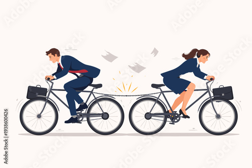 Businessman and businesswoman on bicycles pulling in opposite directions with a snapping chain, representing business conflict, disagreement, lack of cooperation, and professional failure.