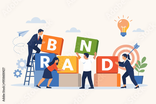 Professional team building brand identity with large letter blocks. Marketing strategy, brand awareness, corporate reputation, advertising campaign, and company growth vector illustration.