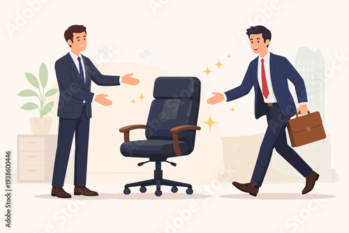 Businessman being offered a promotion to a leadership position in a modern office setting. Career advancement, job opportunity, and executive management concept with professional characters.