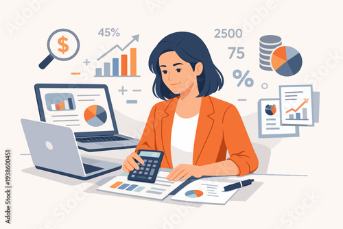 Professional Business Woman Accountant Calculating Financial Data, Tax Audit, Investment Analysis, Budget Planning, Profit and Loss Report with Laptop, Charts, and Graphs Vector Illustration