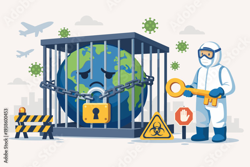 Global Lockdown Concept with Sad Earth Globe in Cage Locked with Chain and Padlock, Doctor in Hazmat Suit Holding Golden Key to Unlock World from COVID-19 Pandemic Quarantine and Virus Outbreak.