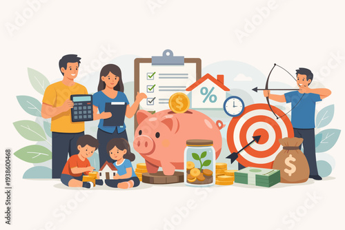 Family Financial Planning and Wealth Management Illustration with Parents and Kids Saving Money, Investing for Future, Budgeting for Mortgage, Debt Control, and Setting Financial Goals.