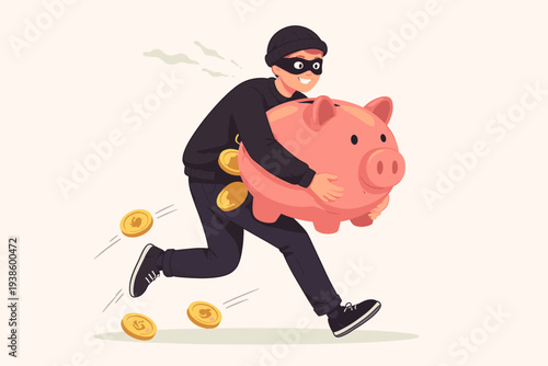 Thief in Black Mask Stealing a Large Pink Piggy Bank and Running Away with Gold Coins Falling Out, Concept of Financial Crime, Investment Risk, Banking Security Breach, and Money Theft Illustration