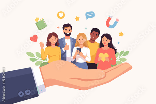 Customer retention and loyalty marketing strategy illustration with a giant hand holding a diverse group of happy people, featuring icons for engagement, recruitment, and human resources care.