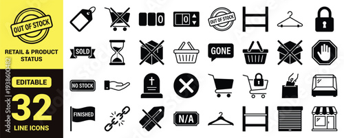 Retail and product status icon set with sold, out of stock, no stock, finished, unavailable items, empty shelves, closed signs, and essential retail ranking symbols in clean modern line‑art style