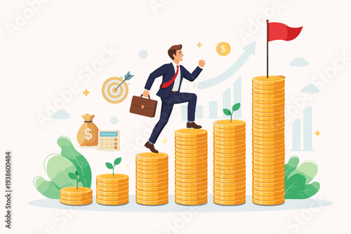 Businessman climbing gold coin stairs to reach a red flag, representing financial growth, wealth management, investment success, career advancement, and achieving long-term monetary targets.