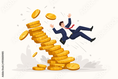 Businessman Falling from a Collapsing Stack of Gold Coins Representing Financial Instability, Economic Recession, Investment Risk, Market Crash, Bankruptcy, and Unstable Global Economy Concept.